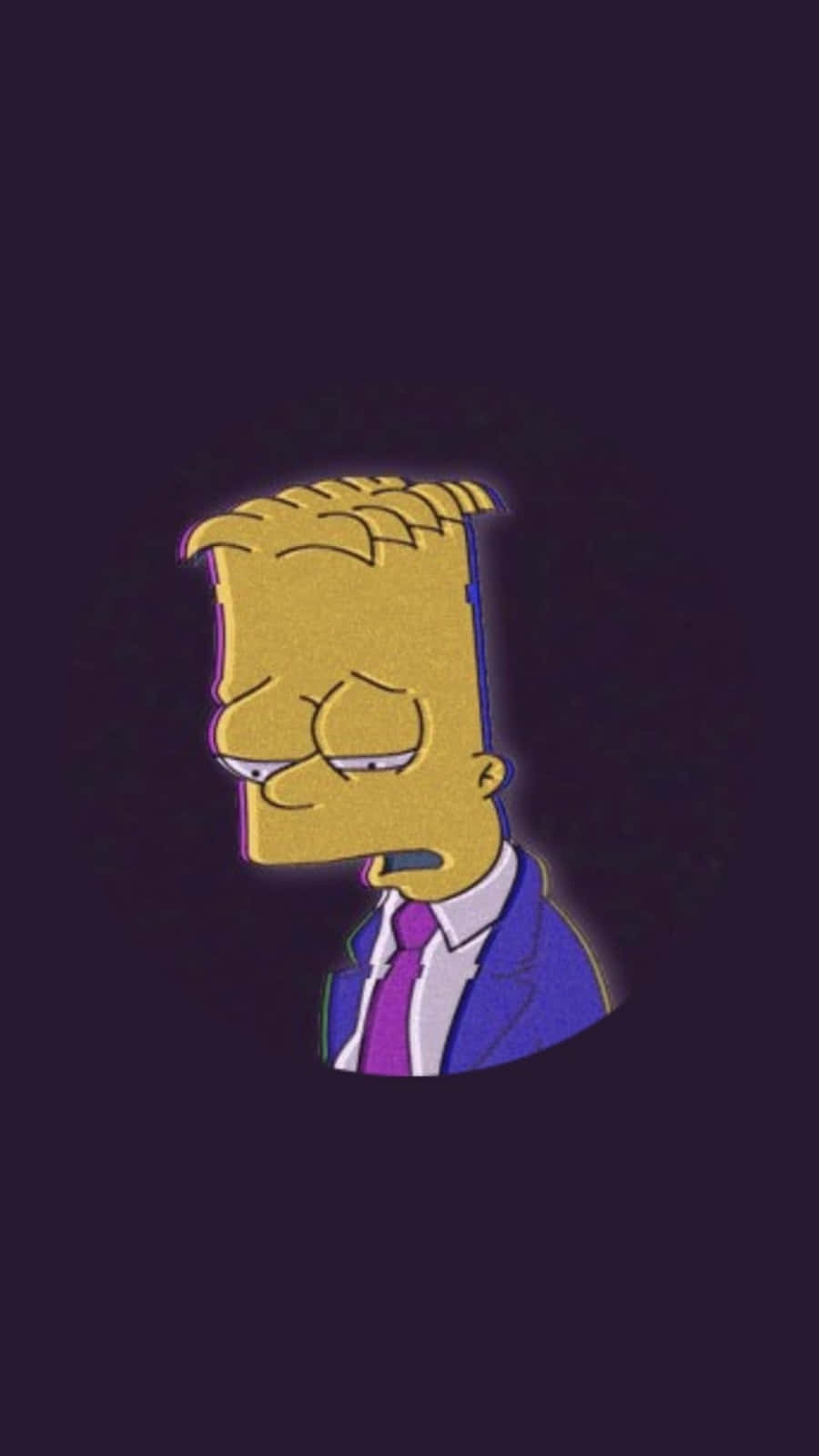 穿西裝的傷心巴特·辛普森手機壁紙 壁紙 — 巴特·辛普森穿著西裝打領帶，在深紫色背景下顯得疲倦無聊。