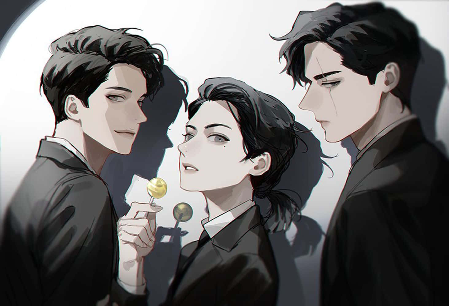三個身穿西裝的動畫男子，帶有戲劇性陰影和一根棒棒糖