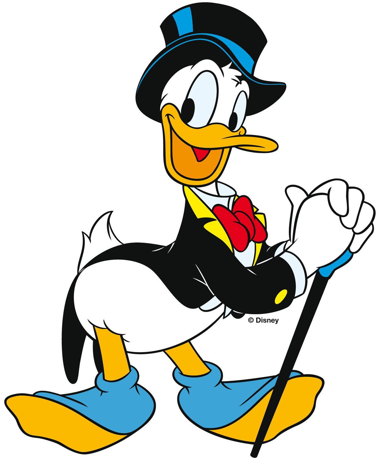 Daffy Duck 穿著正式服裝，拿著手杖微笑。