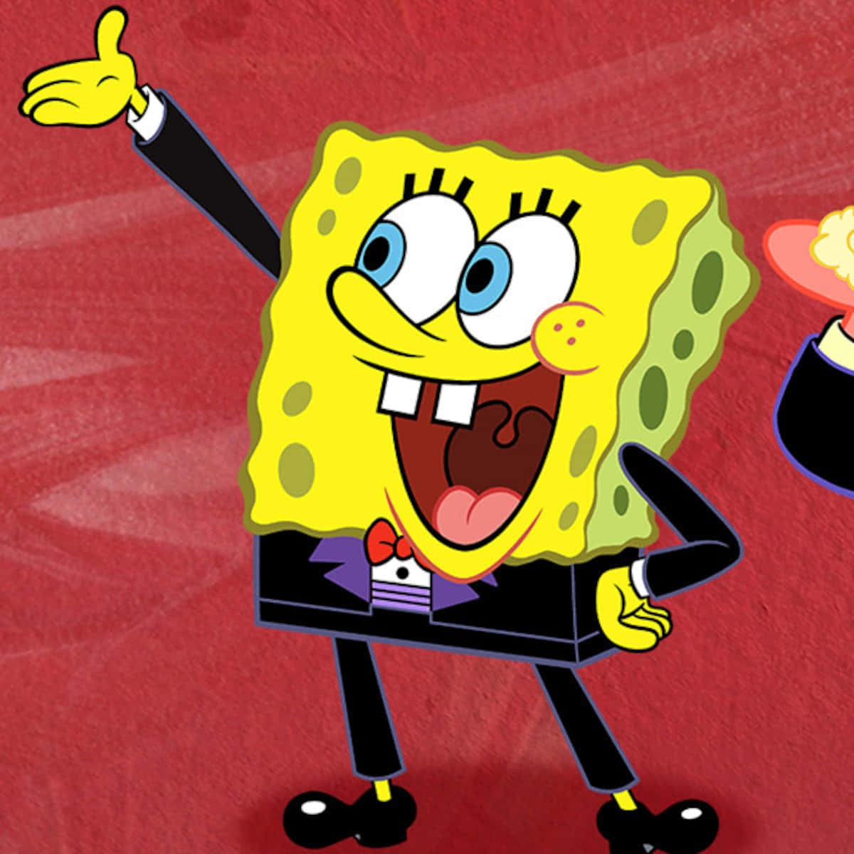 穿西裝的服務生史派克寶 壁紙 — 穿著燕尾服的SpongeBob SquarePants在紋理紅色背景上愉快地豎起大拇指。