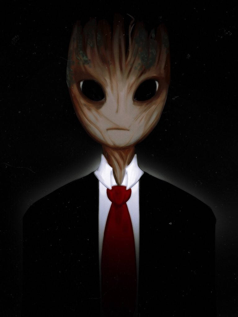穿西裝的格魯特 壁紙 — 一個超現實的數碼藝術外星人，擁有木紋質感的臉龐和一雙黑色大眼睛，身穿黑色西裝和紅色領帶，背景是星空虛無。