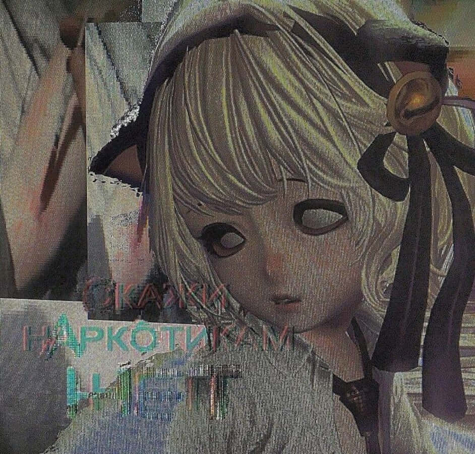 穿貓咪連帽衫的龐克動漫女孩 壁紙 — 一個帶有金髮和貓耳嘅故障動畫女孩，悲傷地凝視著一個碎片化嘅數碼背景。