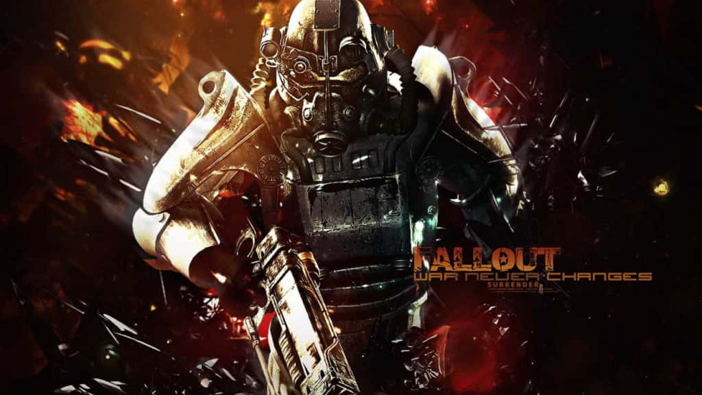 穿越《Fallout》後末日荒原的冒險之旅 壁紙 — 一名身穿重甲的廢土戰士在熾熱爆炸和破碎瓦礫中揮舞著未來武器。