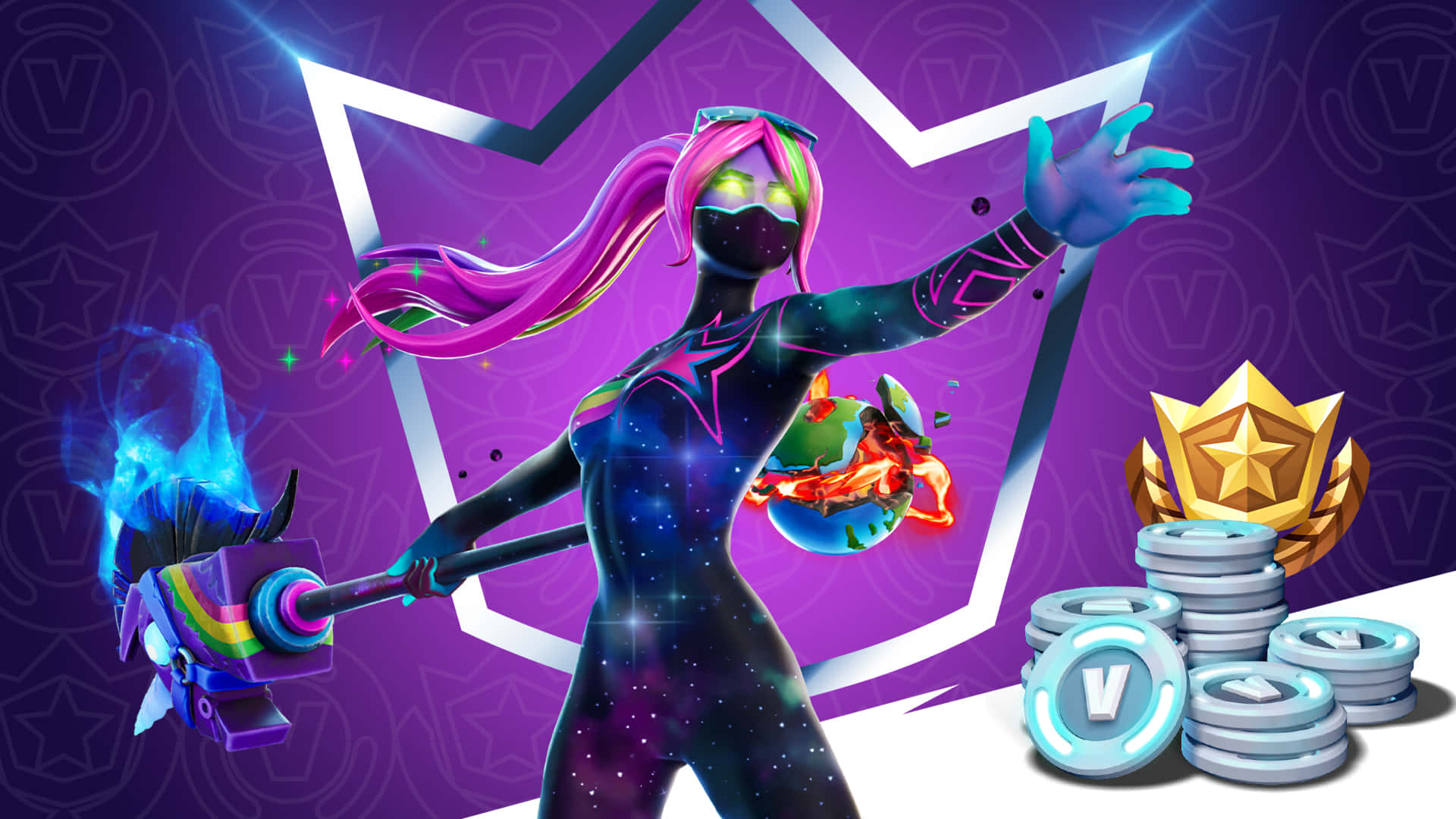 Fortnite角色手持發光錘子，附近有硬幣和獎盃。