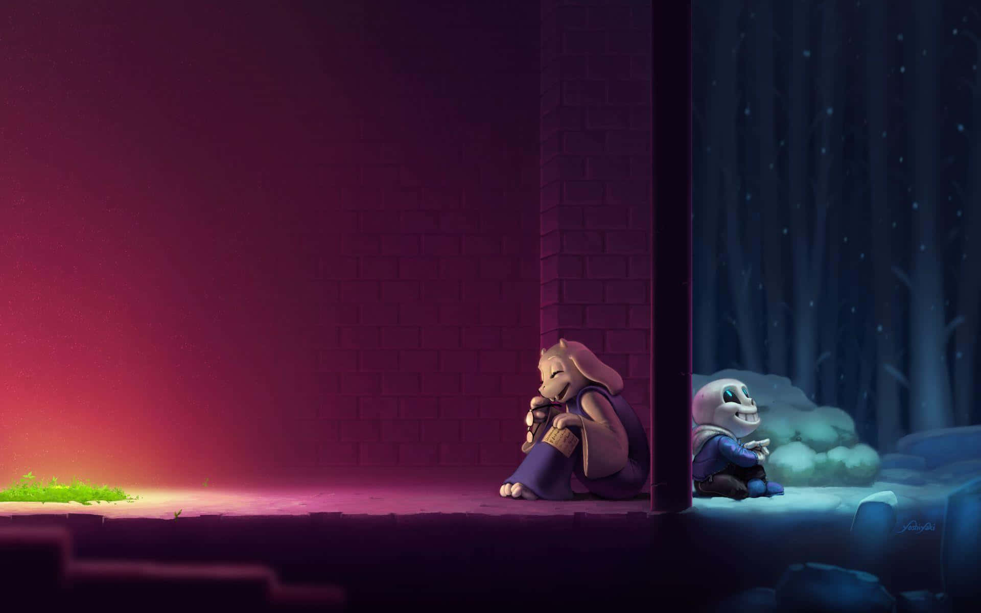 穿越《Undertale》的冒險旅程 壁紙 — 兩個動畫角色坐在對比光線中，一個在溫暖的紅色光芒中，另一個在涼爽的藍色森林夜晚。