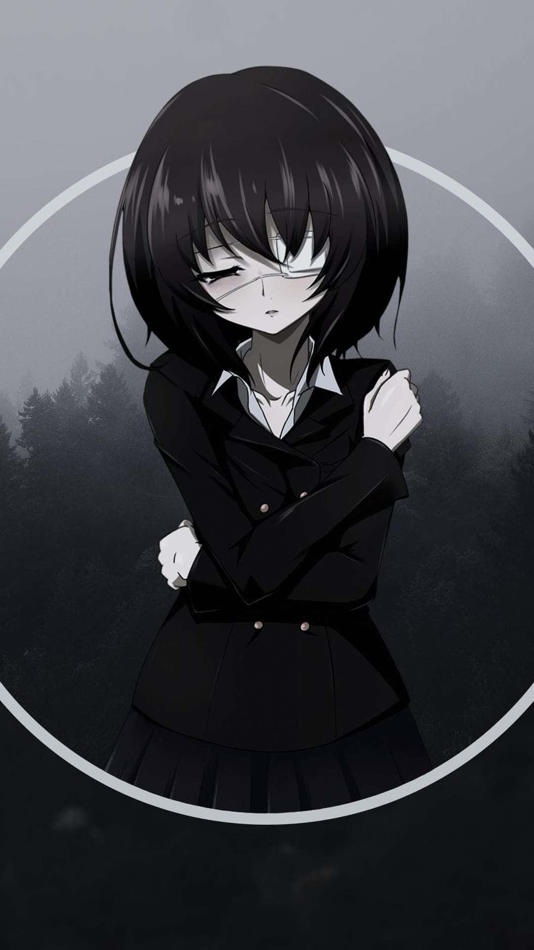 穿著校服的動漫女孩站在迷霧森林中，雙臂交叉