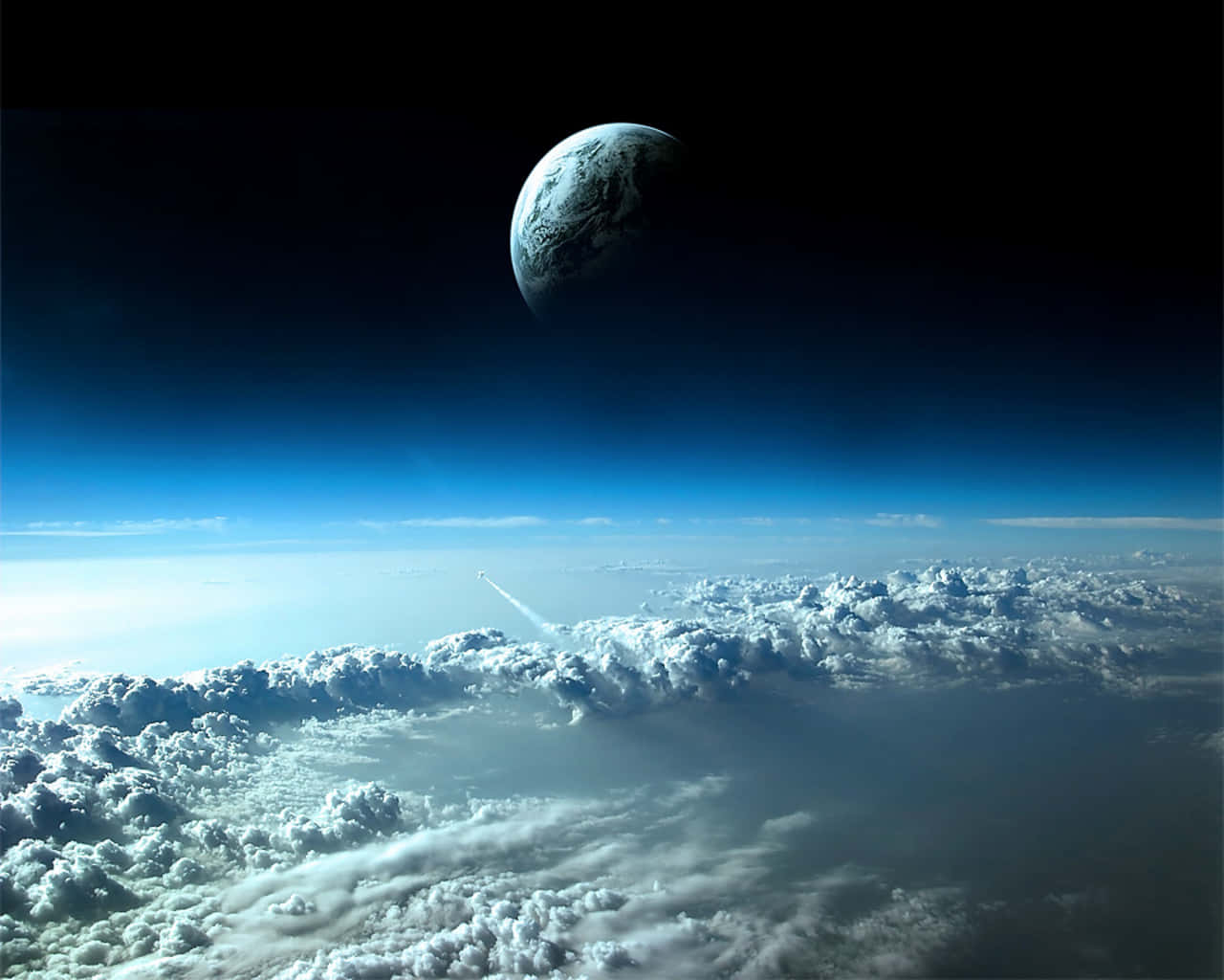 火箭穿過雲層升向太空中的遙遠行星。