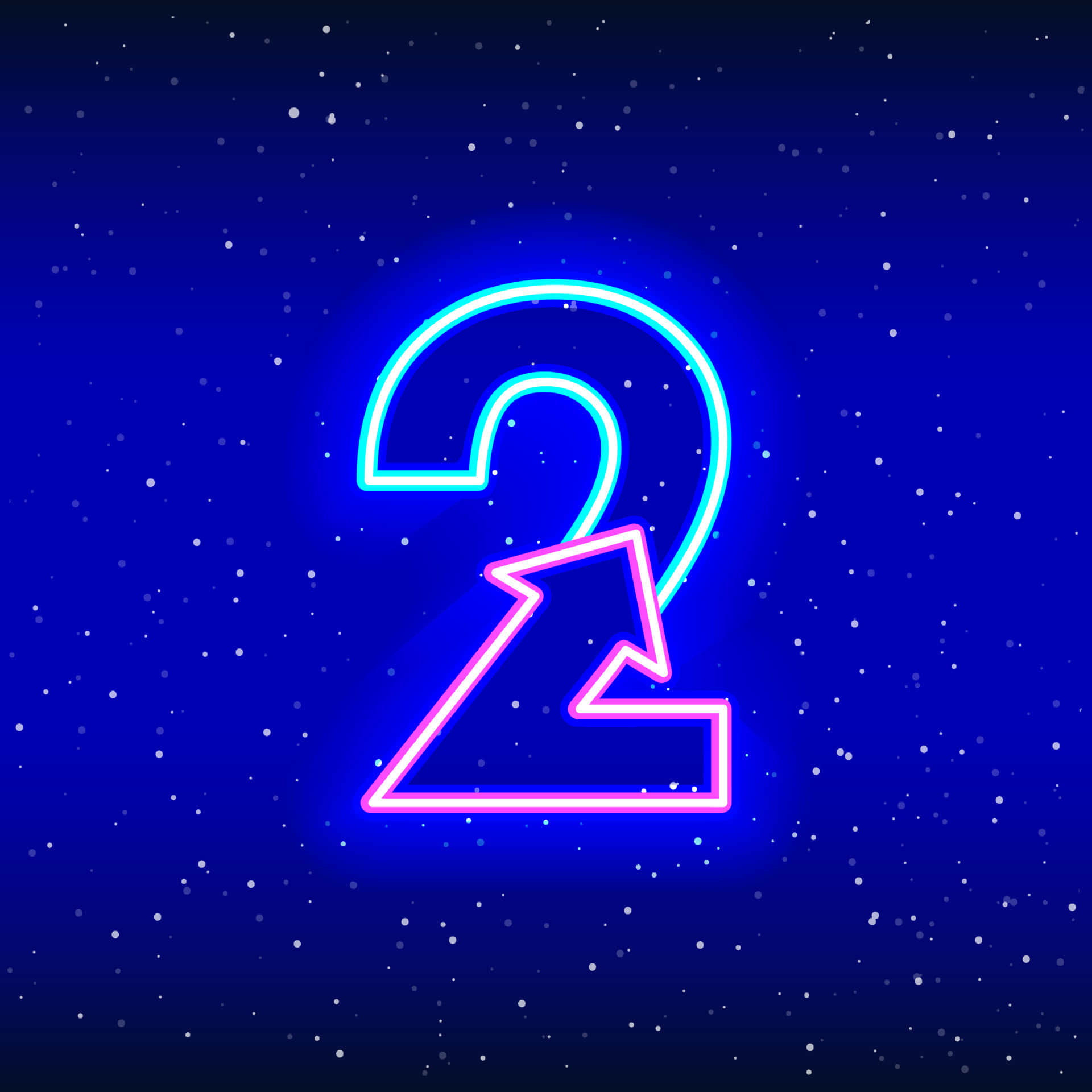 穿越人生的旅程 壁紙 — 在繁星點點的夜空背景下，藍色和粉紅色的發光霓虹數字2。