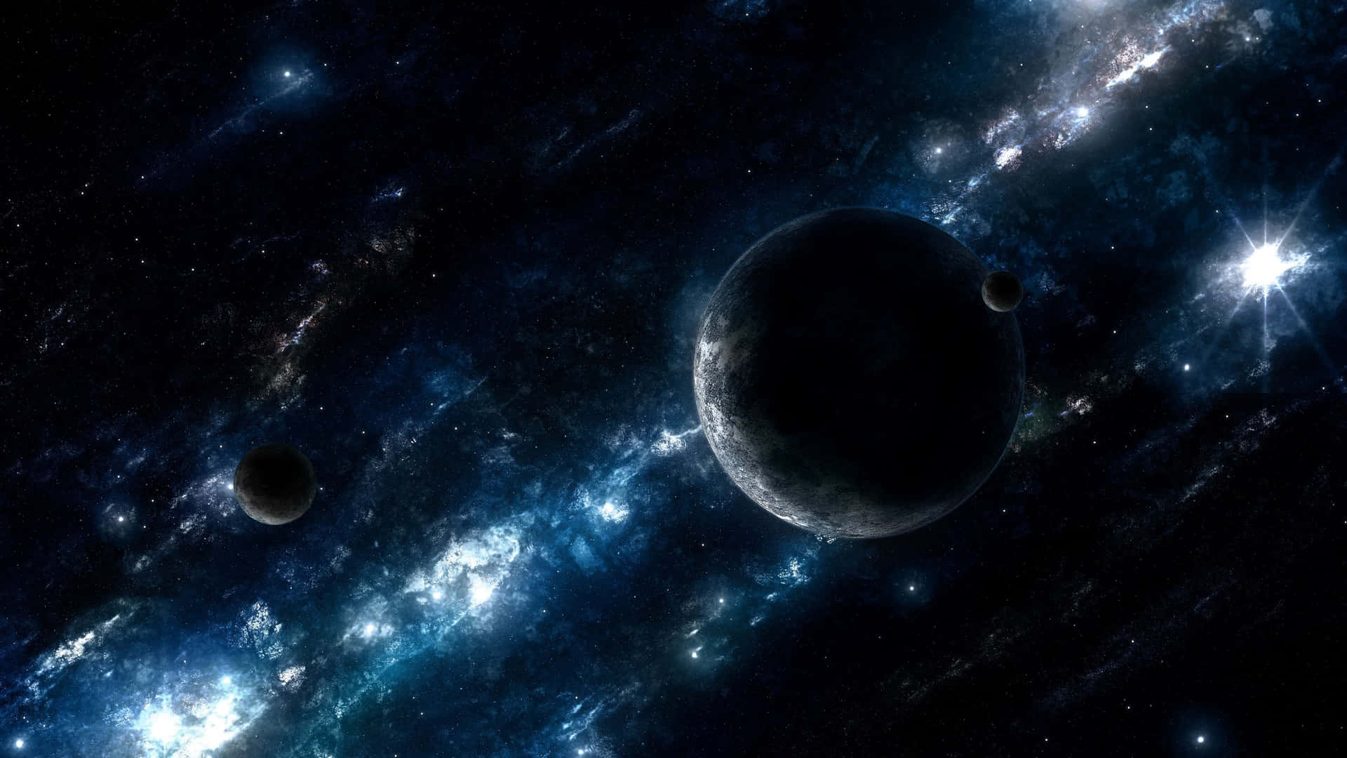 在充滿活力的藍色星雲中，帶有衛星的黑暗行星。