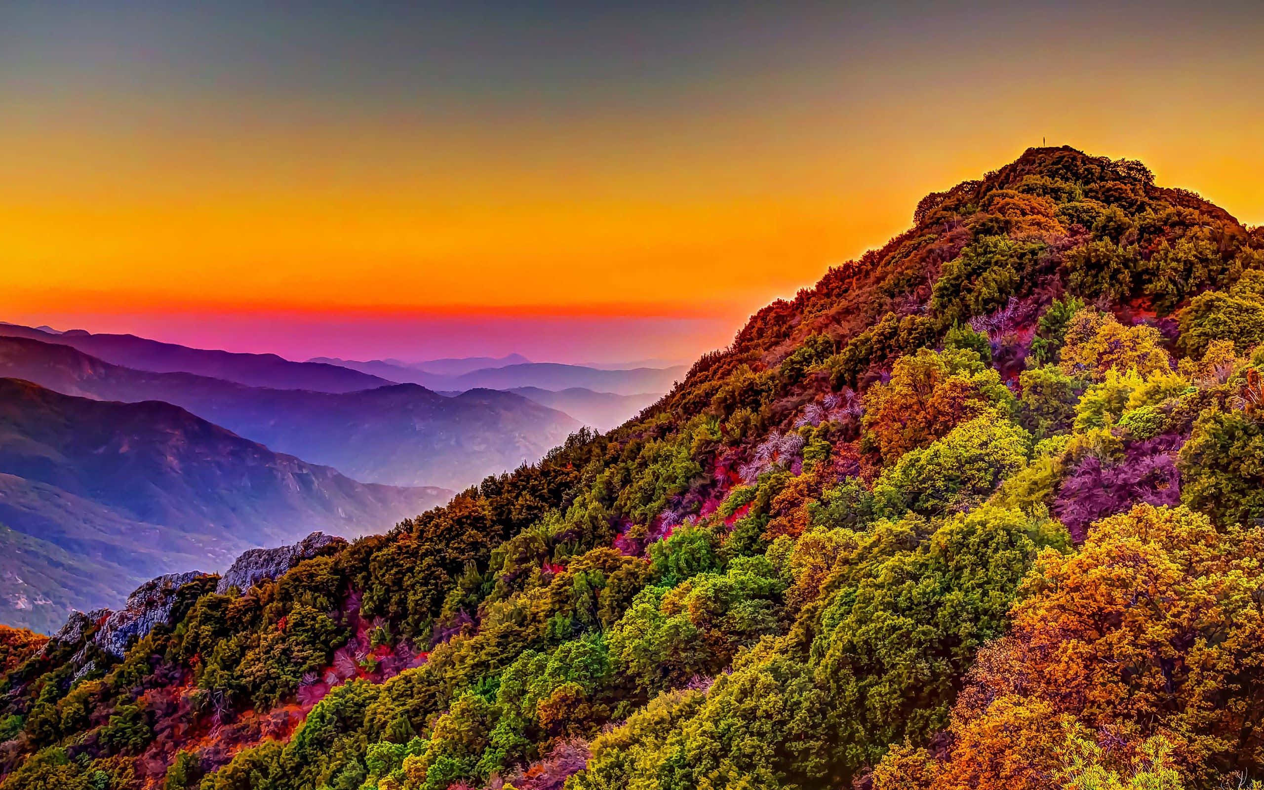 穿越壯麗自然風景的震撼之旅 壁紙 — 充滿活力的秋山在火紅的日落天空下閃耀，層層疊疊的山峰逐漸消失在霧中。
