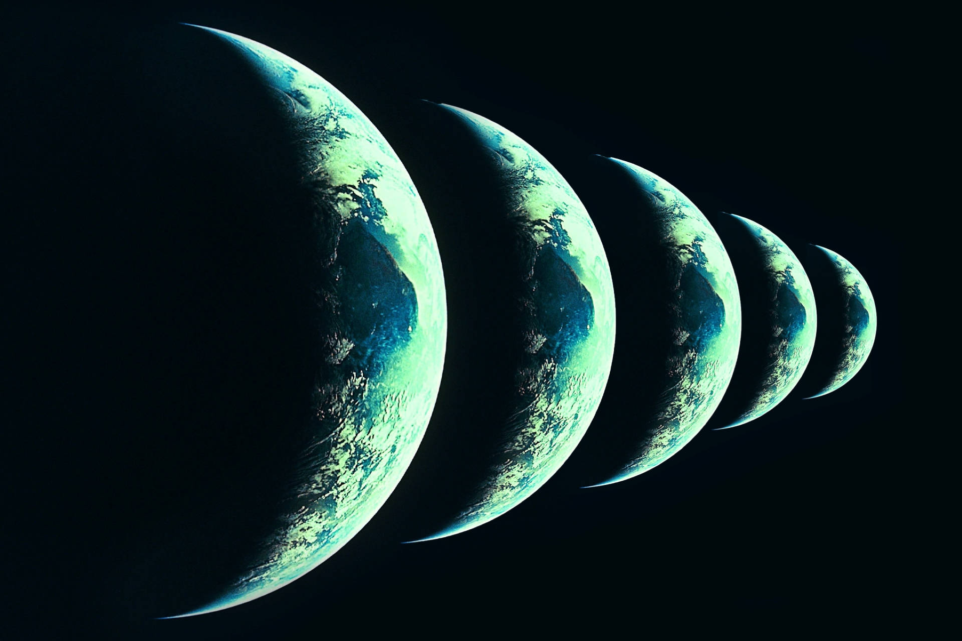 穿越多重宇宙的壯麗旅程 壁紙 — 五個新月形地球排成一排，逐漸退入太空，在黑色虛空中閃耀著藍綠色海洋和黑暗大陸。