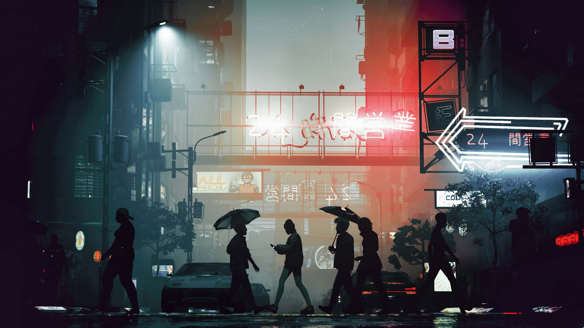 撐著雨傘嘅人喺夜晚穿過雨夜中霓虹燈照亮嘅城市街道。
