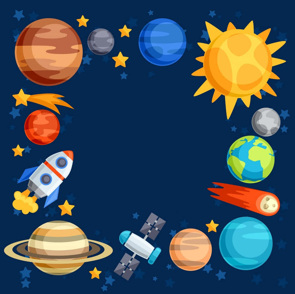 卡通太空場景，有行星、火箭和星星