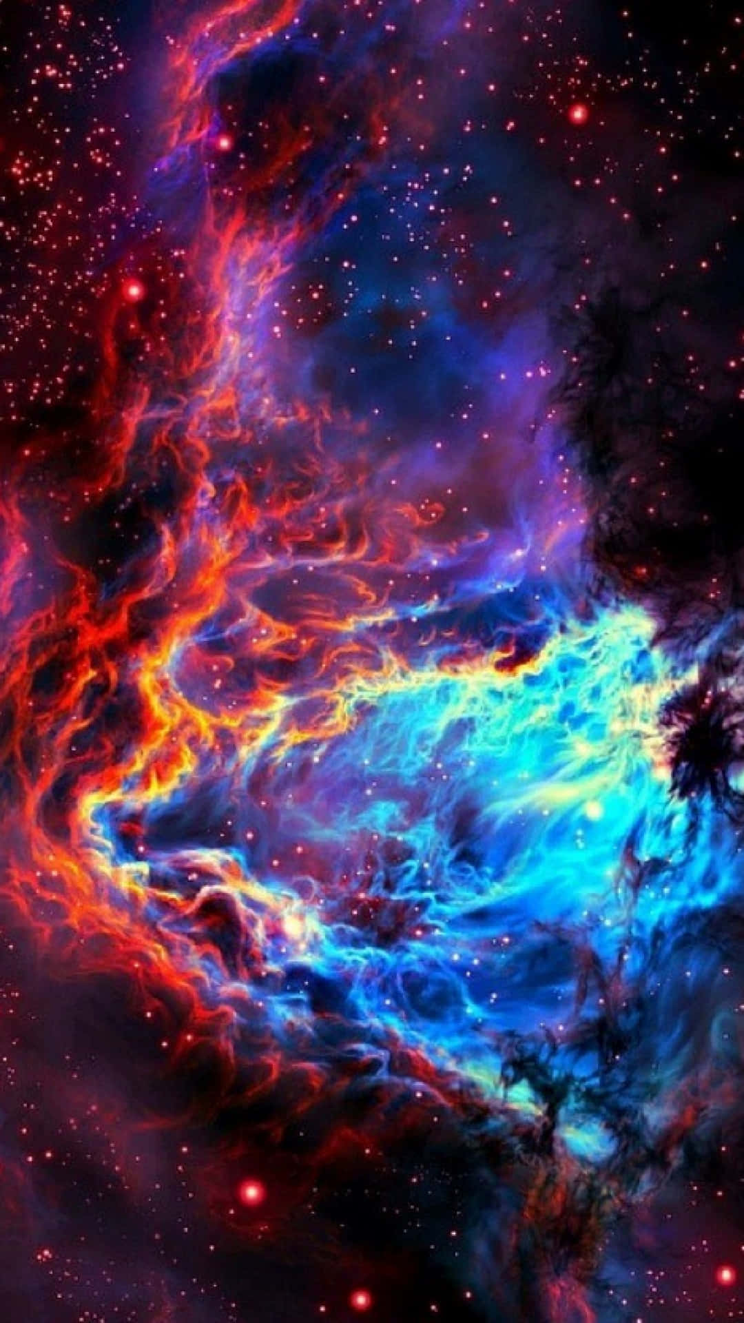 色彩繽紛的宇宙星雲，帶有旋轉的紅色和藍色氣體以及散落的星星。