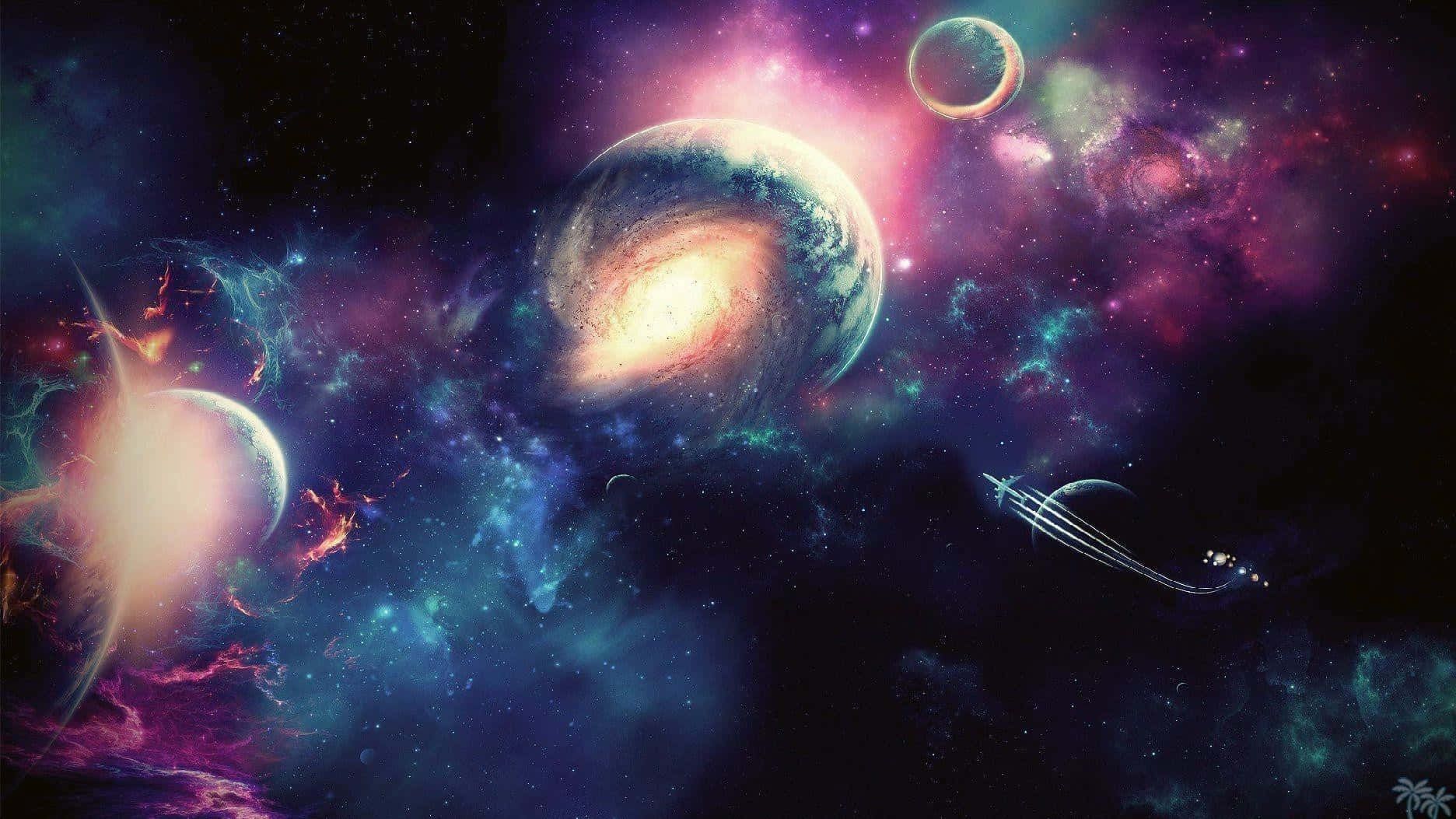 在深空中充滿活力的宇宙場景，有發光的行星和色彩繽紛的星雲。