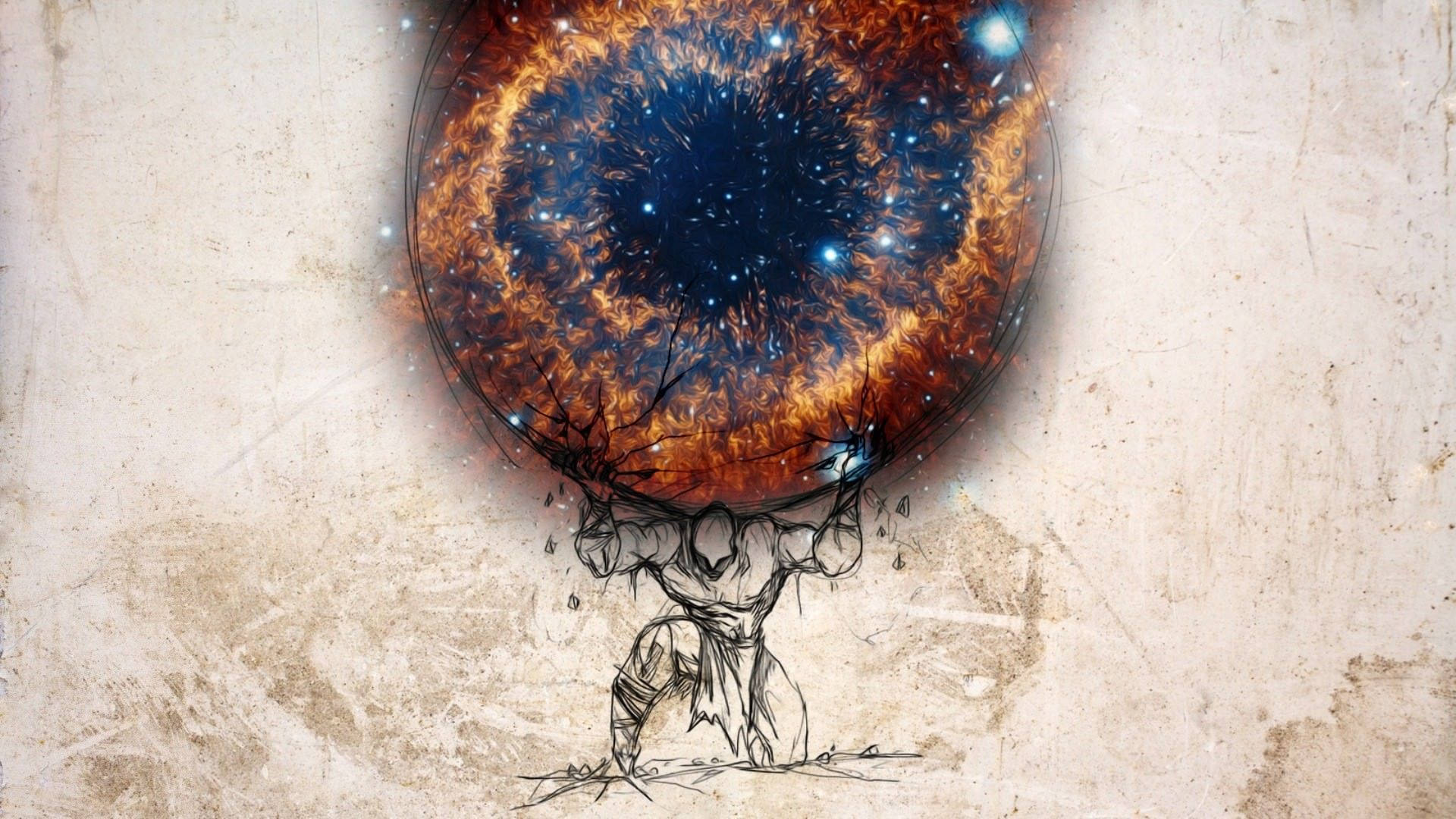 一個肌肉發達的人物扛著一個帶有星星和火焰的發光宇宙球體。