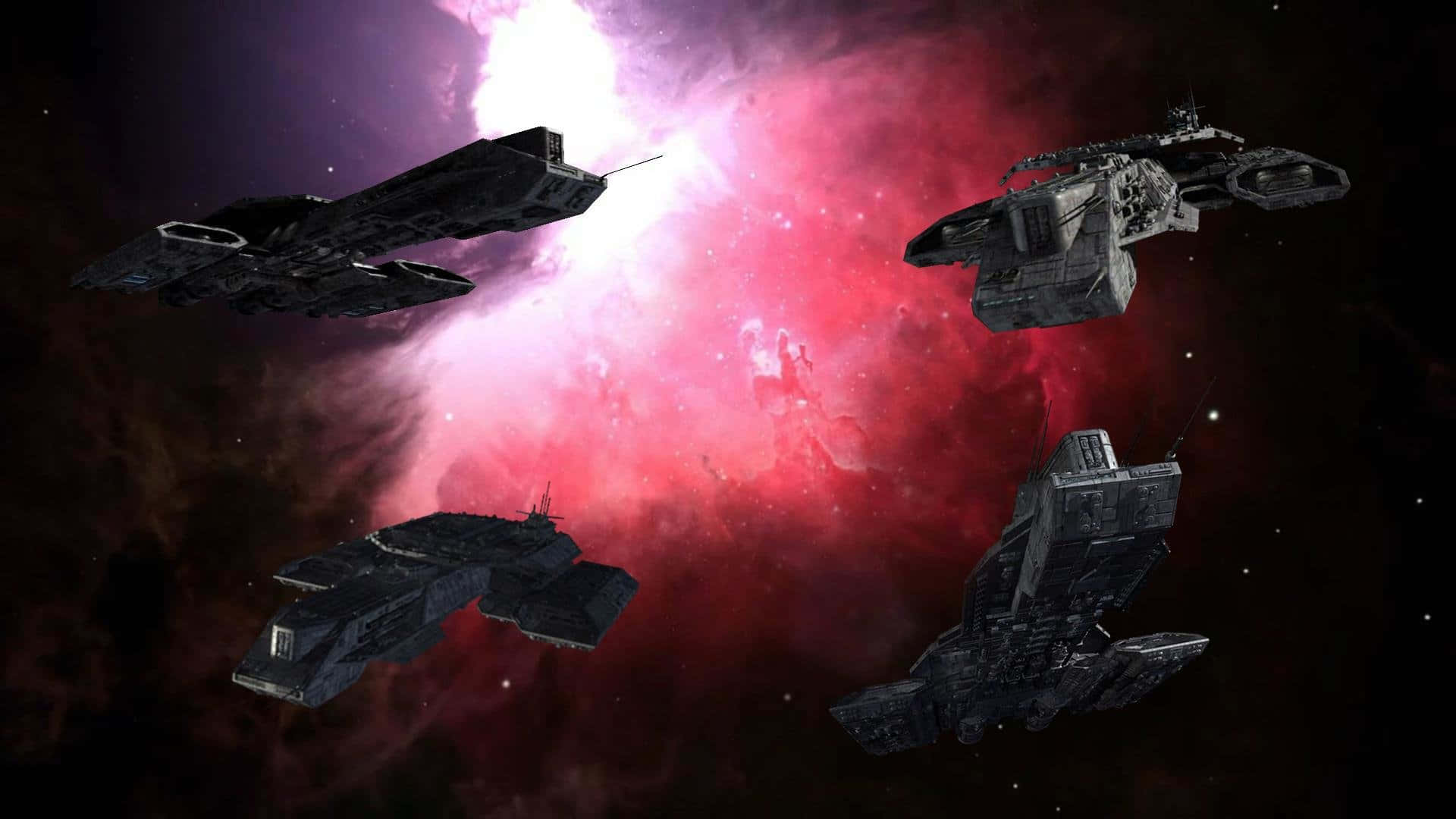 四艘未來風格的軍艦在深空中穿梭於色彩繽紛的星雲。