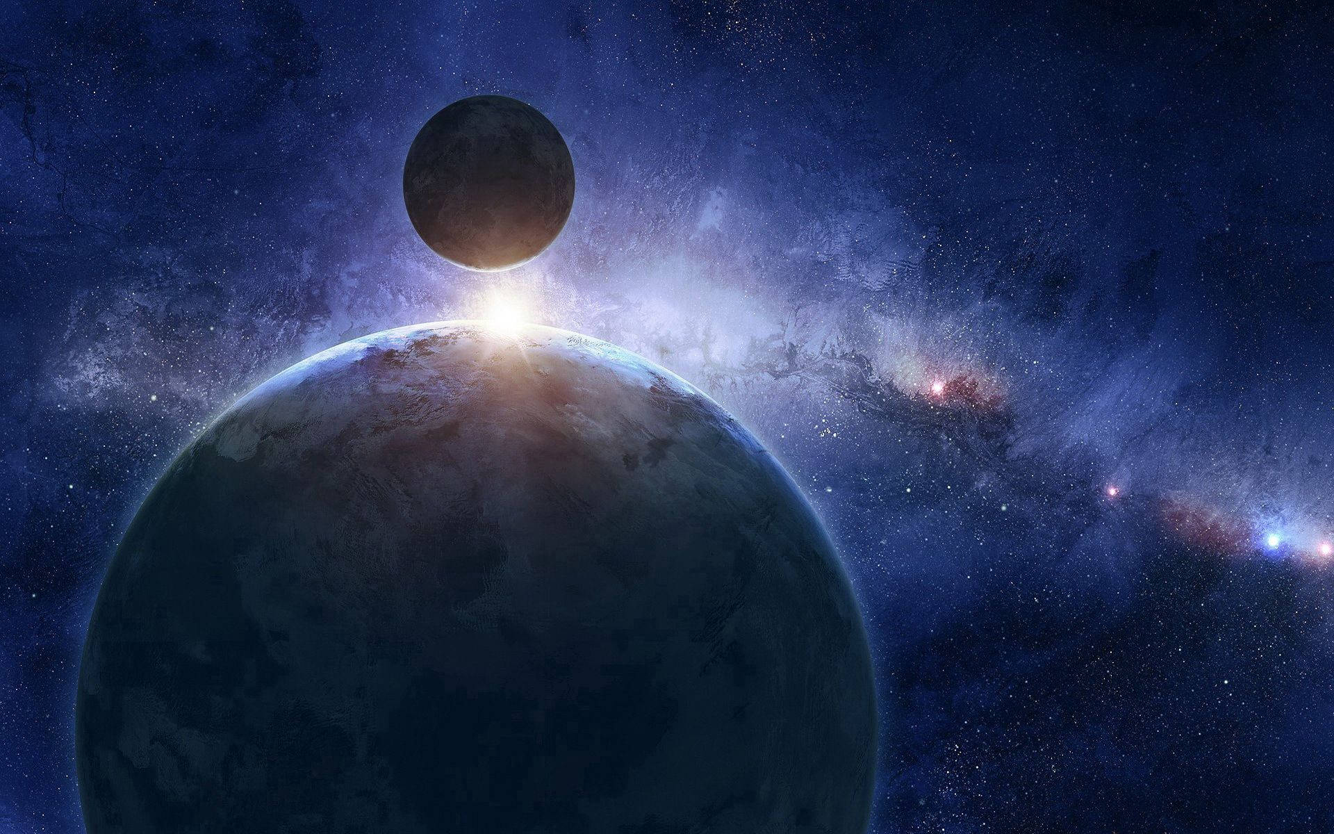 行星與月亮在暮色中從宇宙星系升起