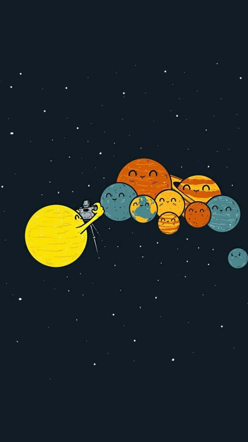 穿越星際的命運旅程 壁紙 — 一艘可愛的卡通太空船愉快地推著一群微笑的行星穿過繁星點點的夜空。