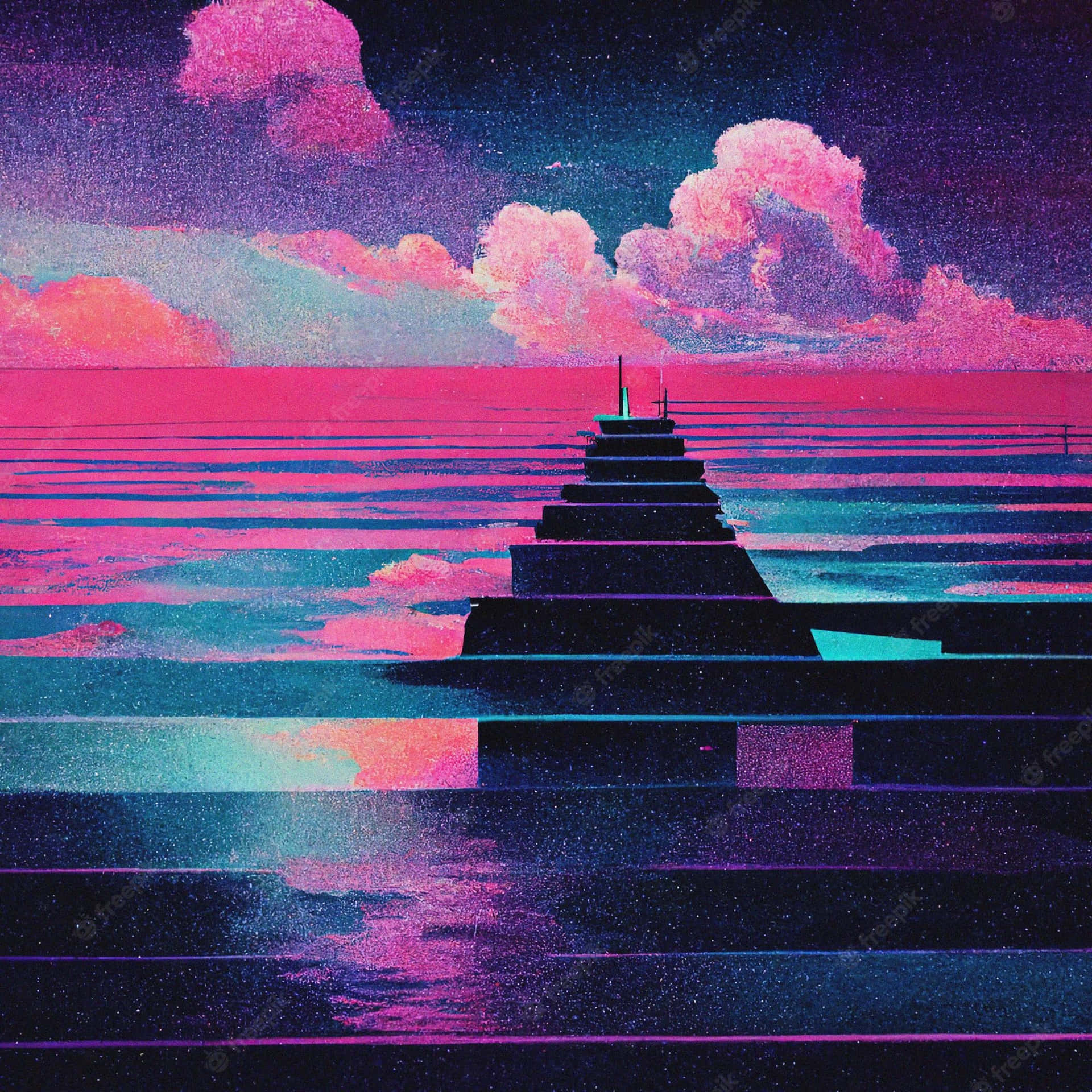 一條發光的碼頭延伸至霓虹色海洋，在星空暮色天空下。