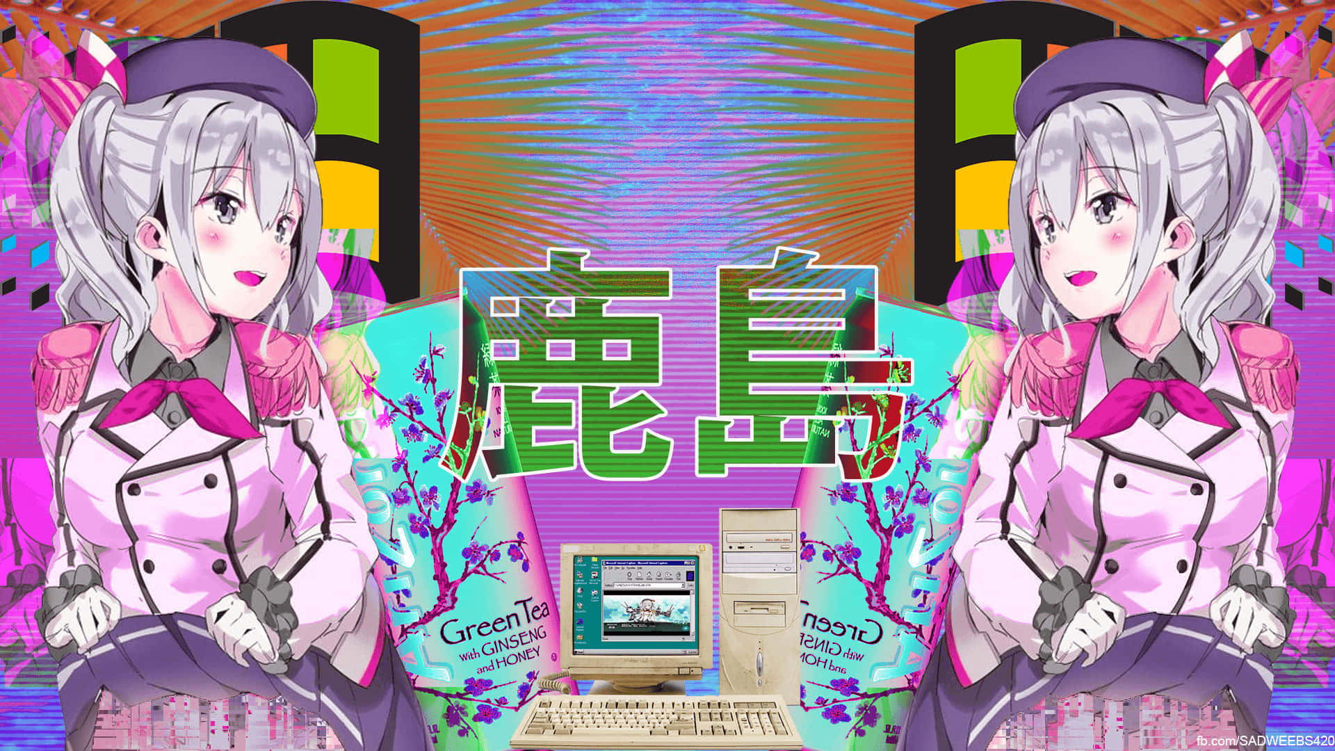 穿越時空的蒸汽波之旅 壁紙 — 兩個穿著粉紅色制服嘅動漫女仔喺一個充滿櫻花同霓虹文字嘅復古電腦兩側，背景係充滿活力嘅抽象圖案。