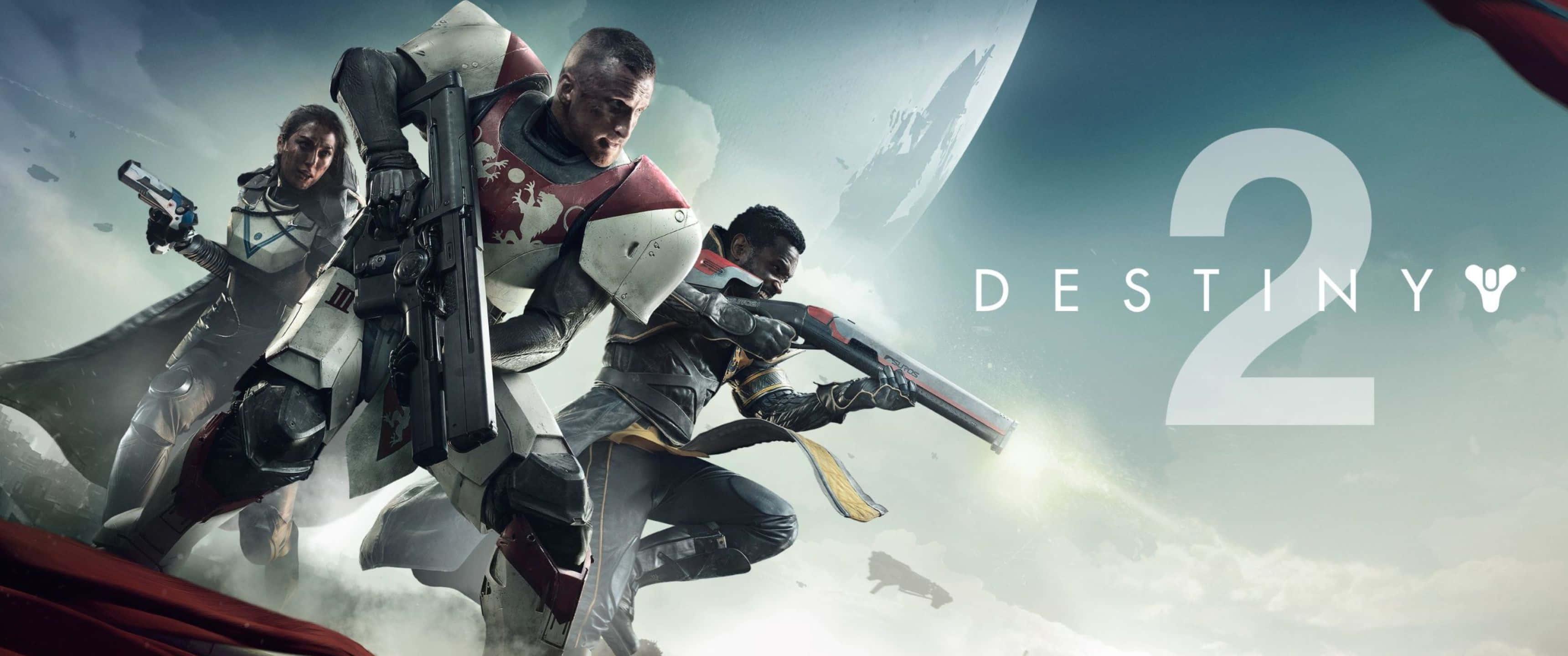 穿越時空與星際，與《Destiny 2》一同冒險 壁紙 — 三名身穿裝甲的太空戰士，在宇宙背景（包括一個大行星和Destiny 2標誌）前擺出動態戰鬥姿勢。