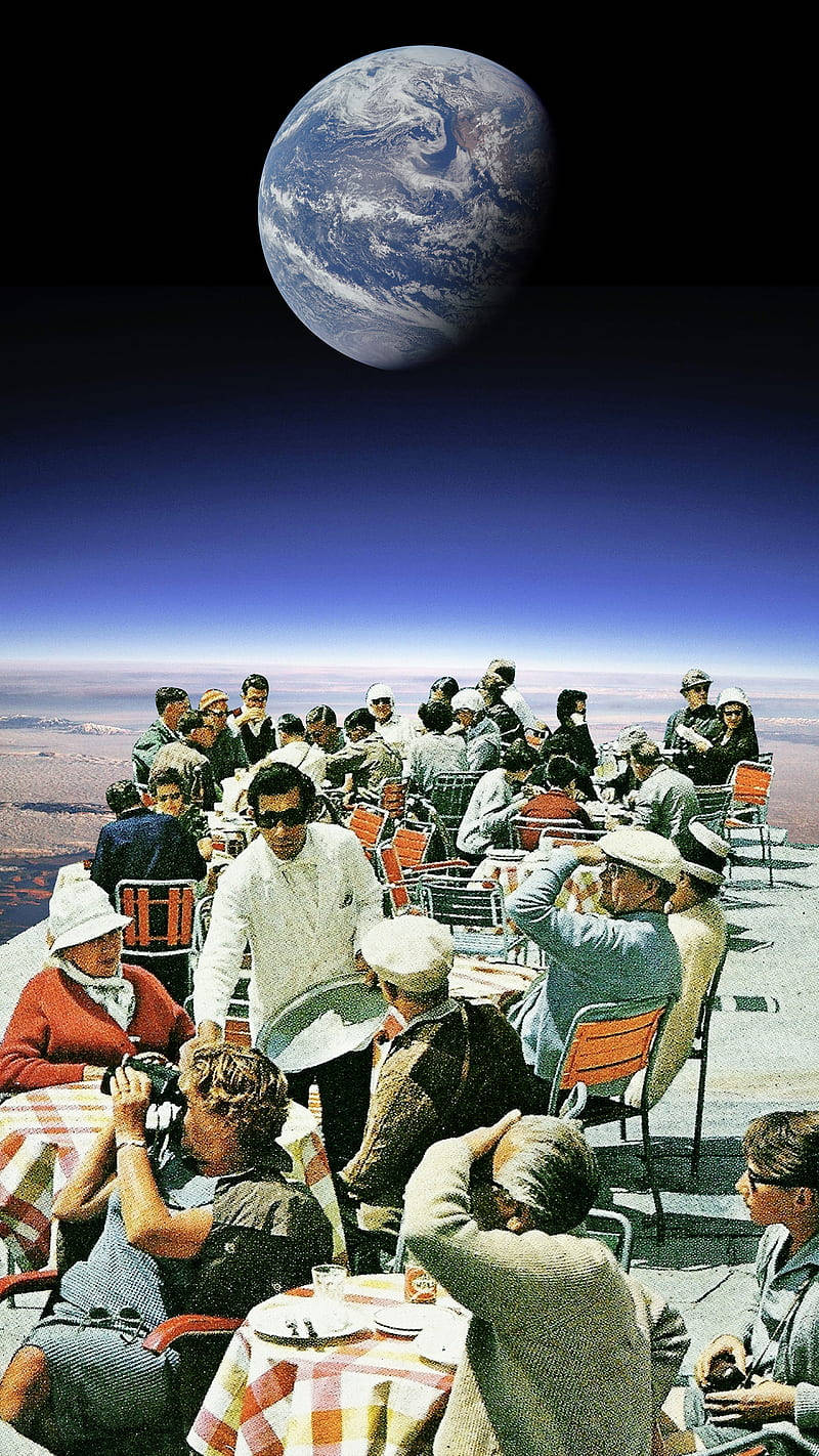 食客在太空站上享用美食，天空中可見地球。