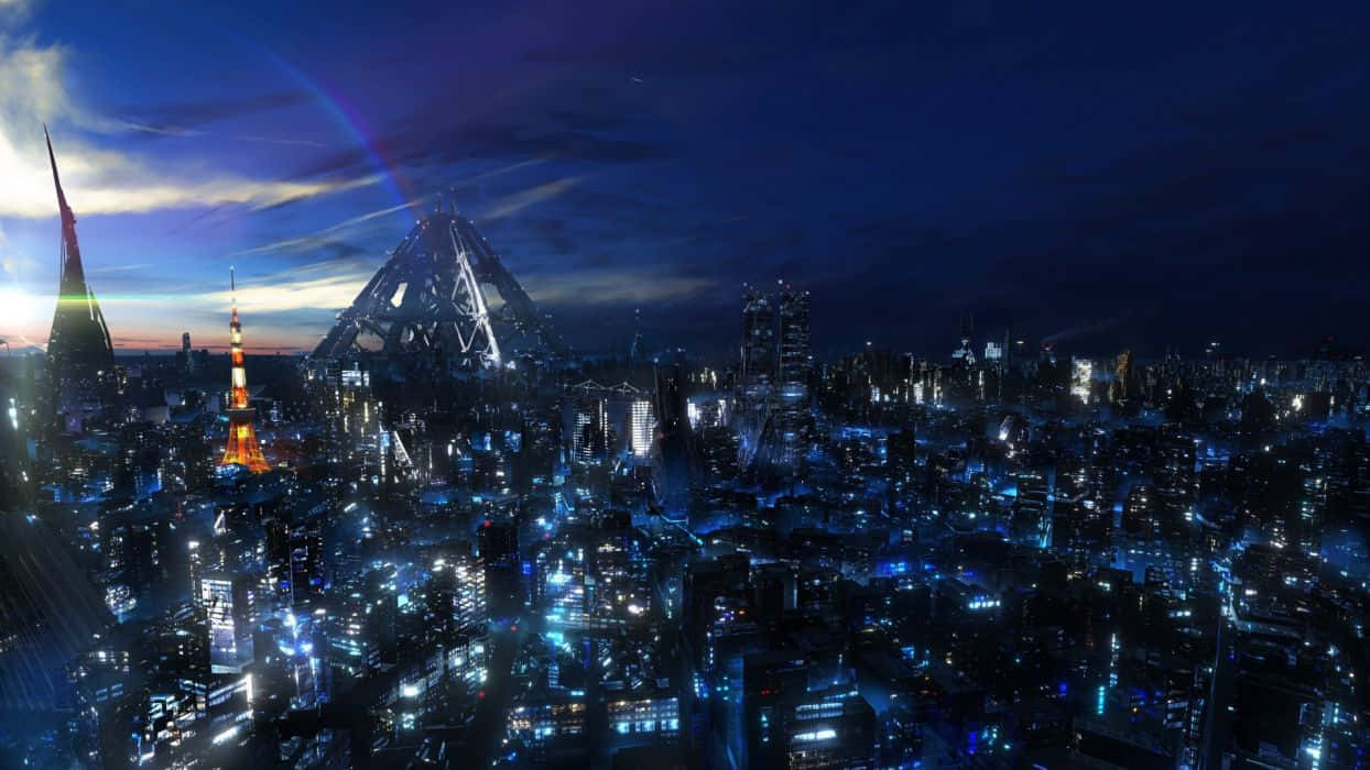 黃昏時分未來主義的東京天際線，閃爍的建築物和天空中的彩虹。