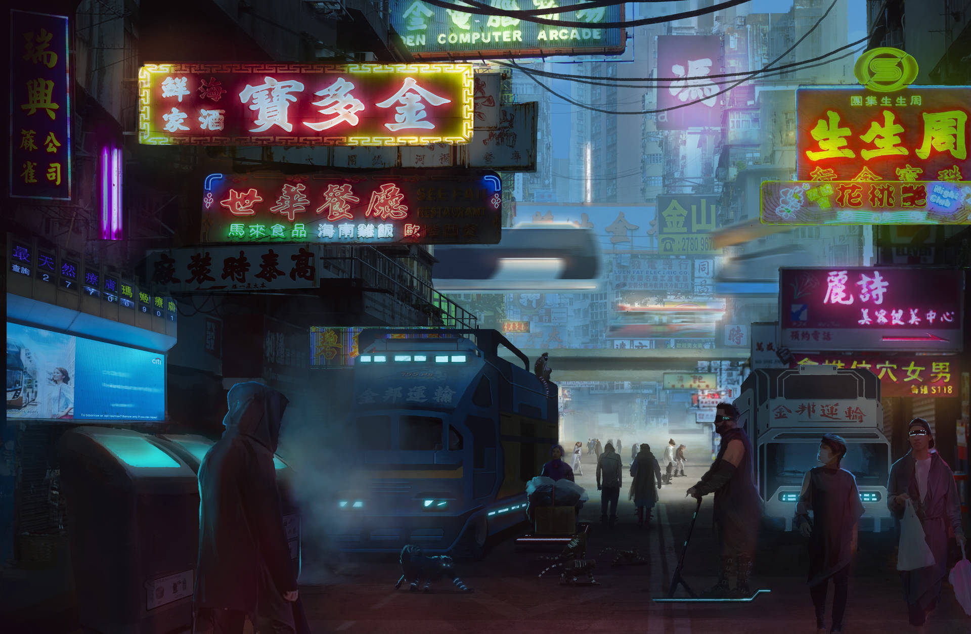 夜晚的賽博朋克城市街道，霓虹燈招牌和人們在明亮燈光下行走。