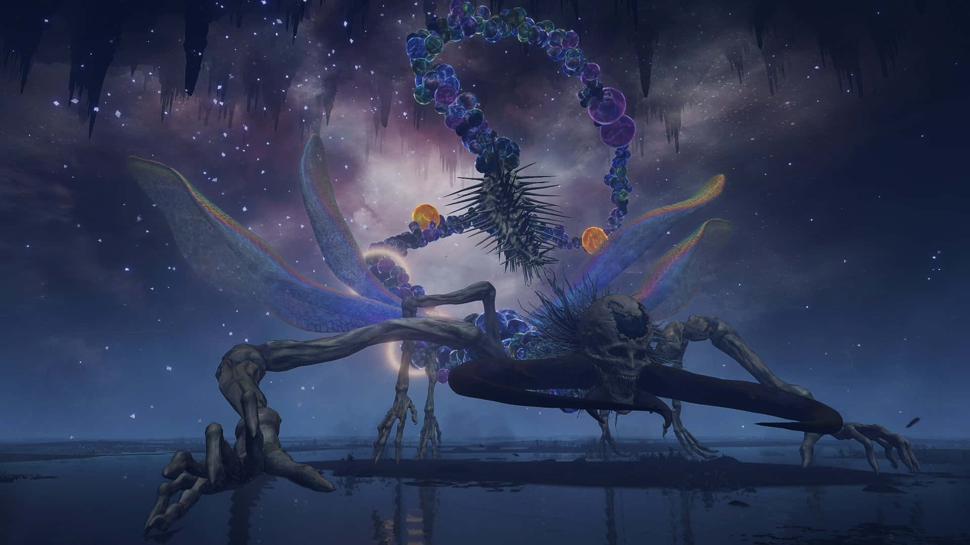 帶有發光翅膀和泡泡皇冠的骷髏龍漂浮在星空夜沼之上。