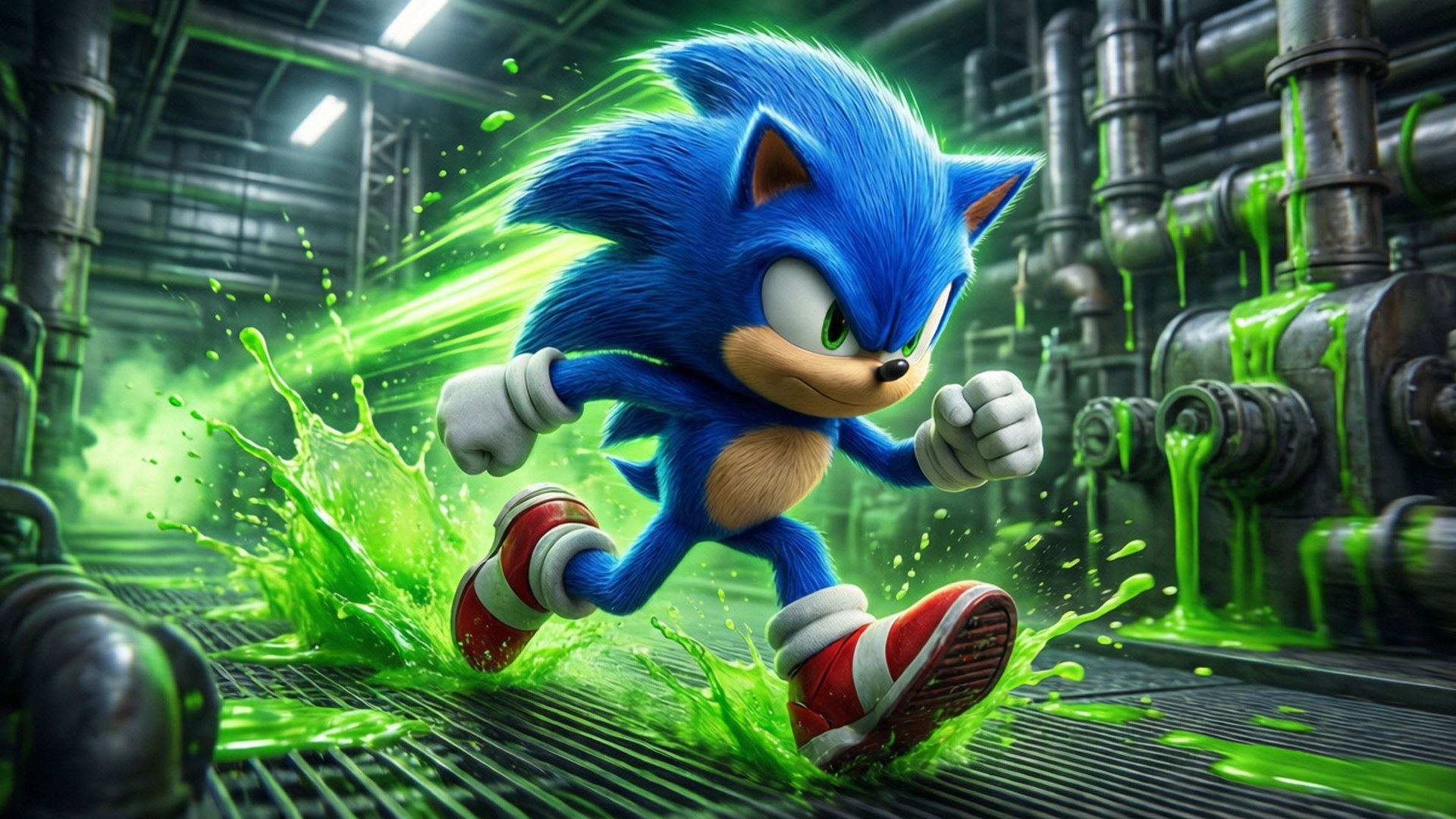 穿越毒綠 壁紙 — Sonic the Hedgehog 高速衝過一個霓虹綠色的工業設施，踢起發光的黏液。