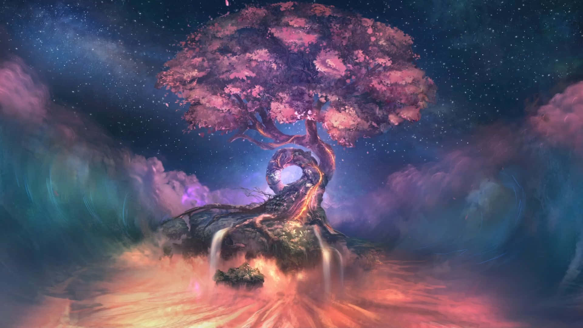 神秘發光的樹在浮島上，星空宇宙天空下，有瀑布。