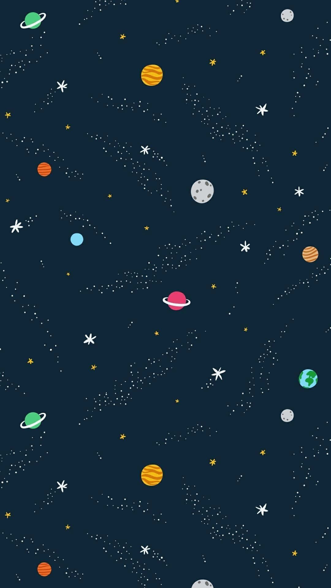 在深色背景上，一個色彩繽紛的卡通太空場景，包含行星、星星和流星。