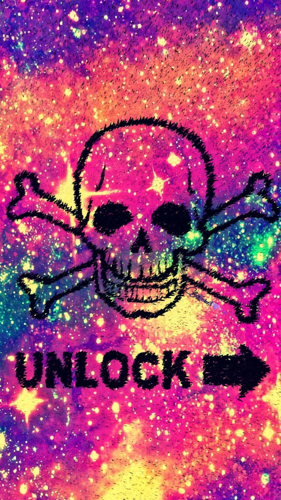 骷髏頭骨和交叉骨，帶有 'unlock' 文字，在色彩繽紛的星空背景上。