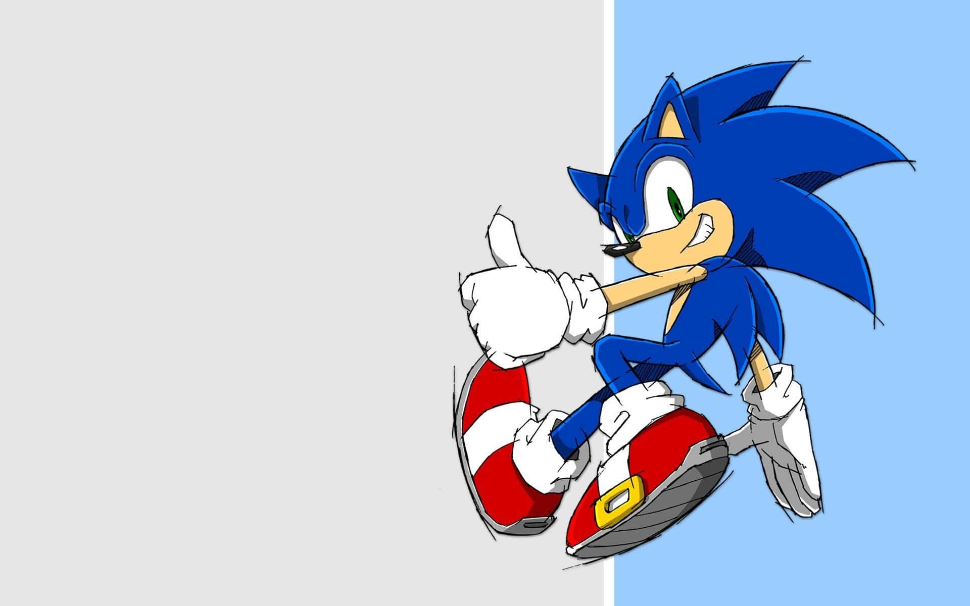 Sonic the Hedgehog 在一個分為灰色和藍色的背景前豎起大拇指。
