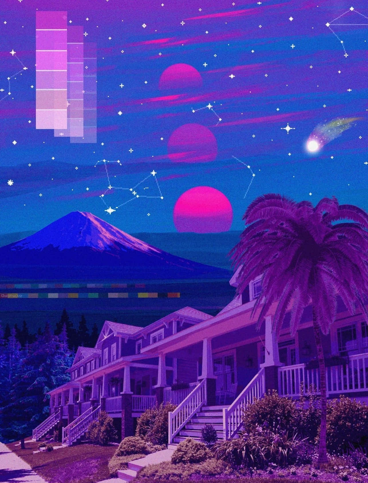 星空下夢幻的紫色房屋，周圍有山脈和宇宙元素。