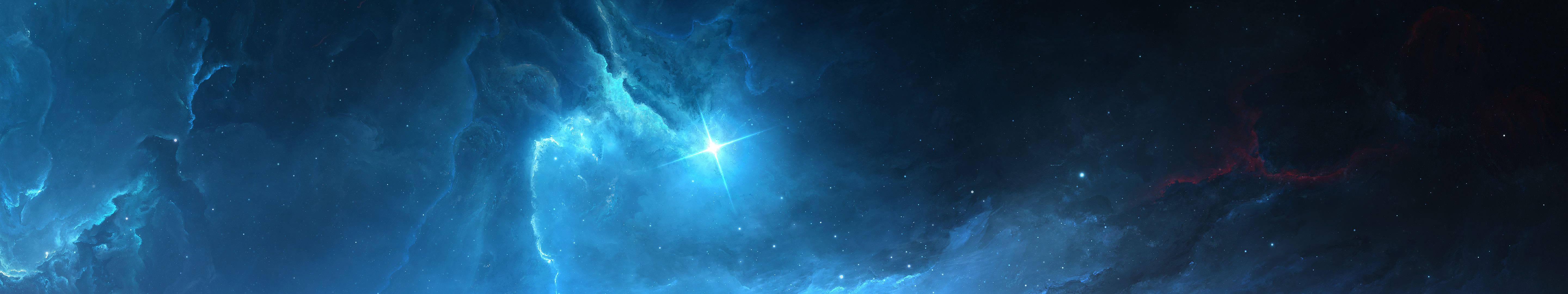 在深空中，一個發光的藍色和紅色星雲，中心有一顆明亮的星星。
