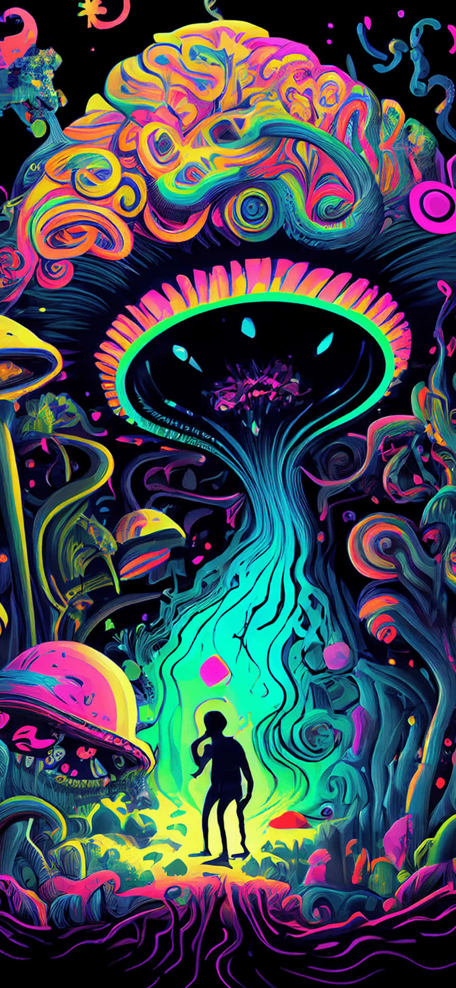 一個人的剪影站在一個超現實的霓虹森林中的巨大發光蘑菇下。