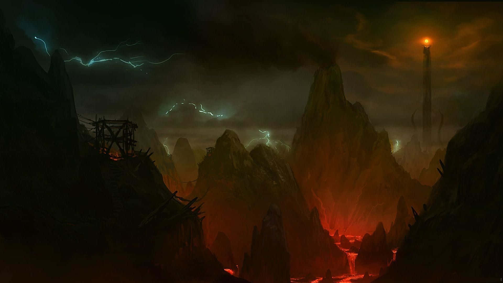 穿越魔多，體驗《魔多之影》的冒險旅程 壁紙 — 一個黑暗的奇幻景觀，有鋸齒狀的山脈、發光的熔岩流和電藍色閃電，在暴風雨的天空下照亮了一座廢墟結構。