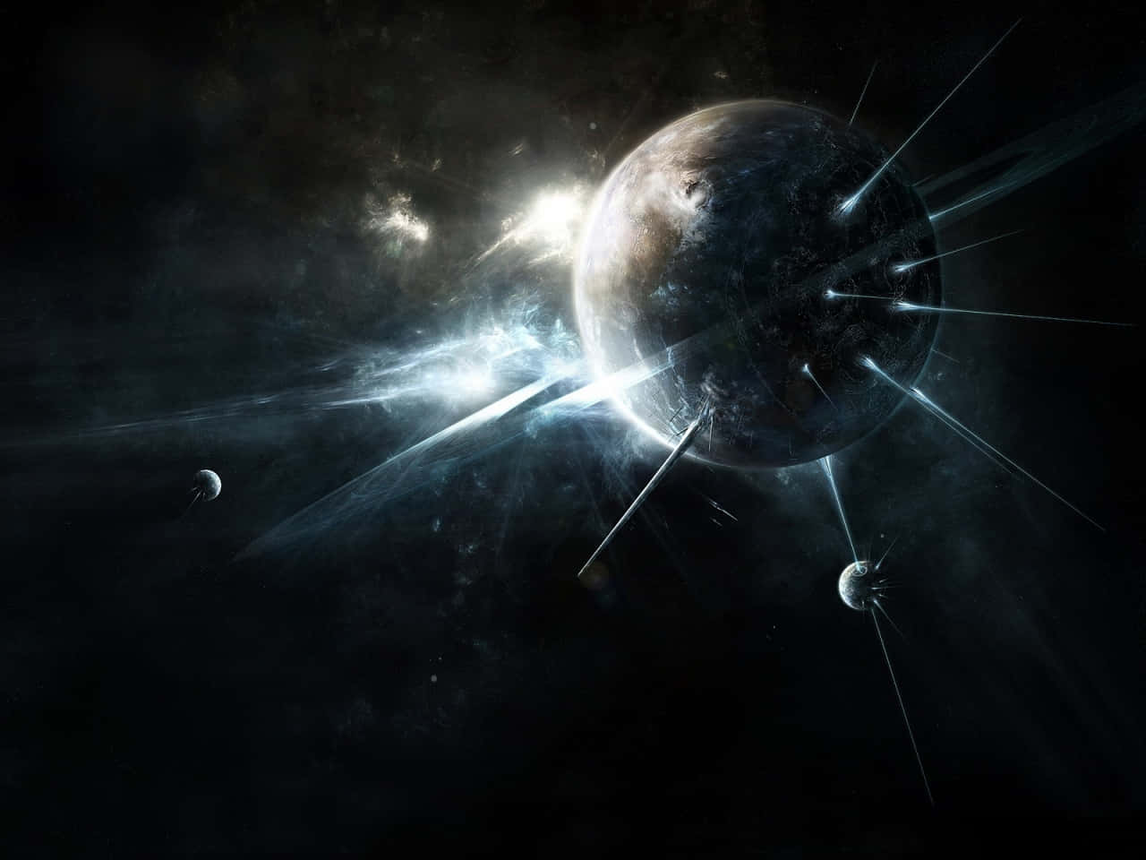 行星在深空中發出明亮的光束，附近有小衛星。