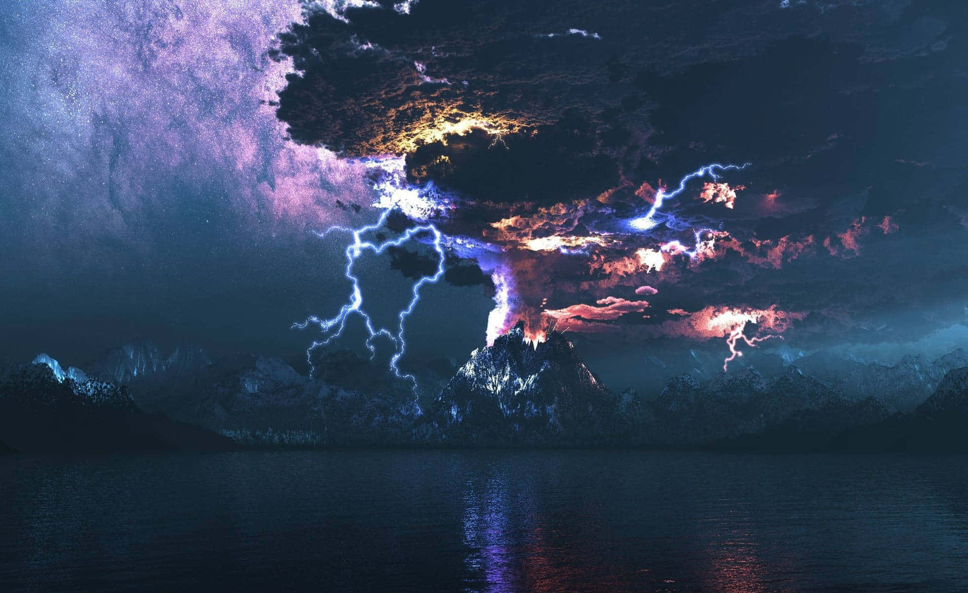 穿透雲層的震撼閃電 壁紙 — 夜晚火山爆發，生動的閃電照亮平靜湖面上方的紫色和橙色雲層。