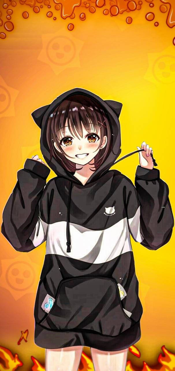 動漫女孩穿著黑色貓耳連帽衫，在火橙色背景上微笑。