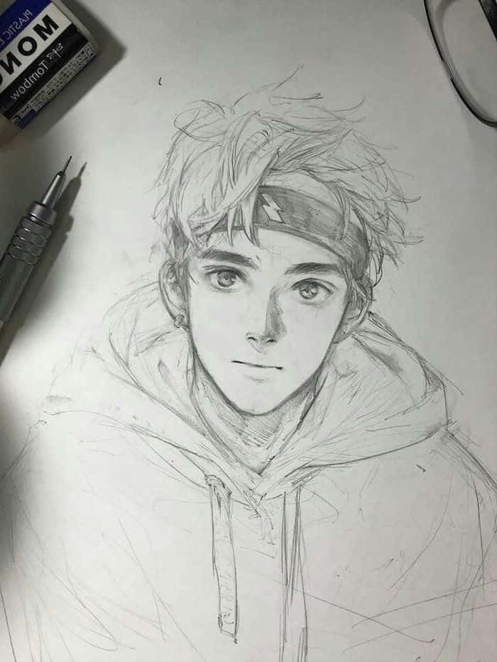 身穿連帽衫的年輕男子的鉛筆素描特寫，周圍有藝術工具。