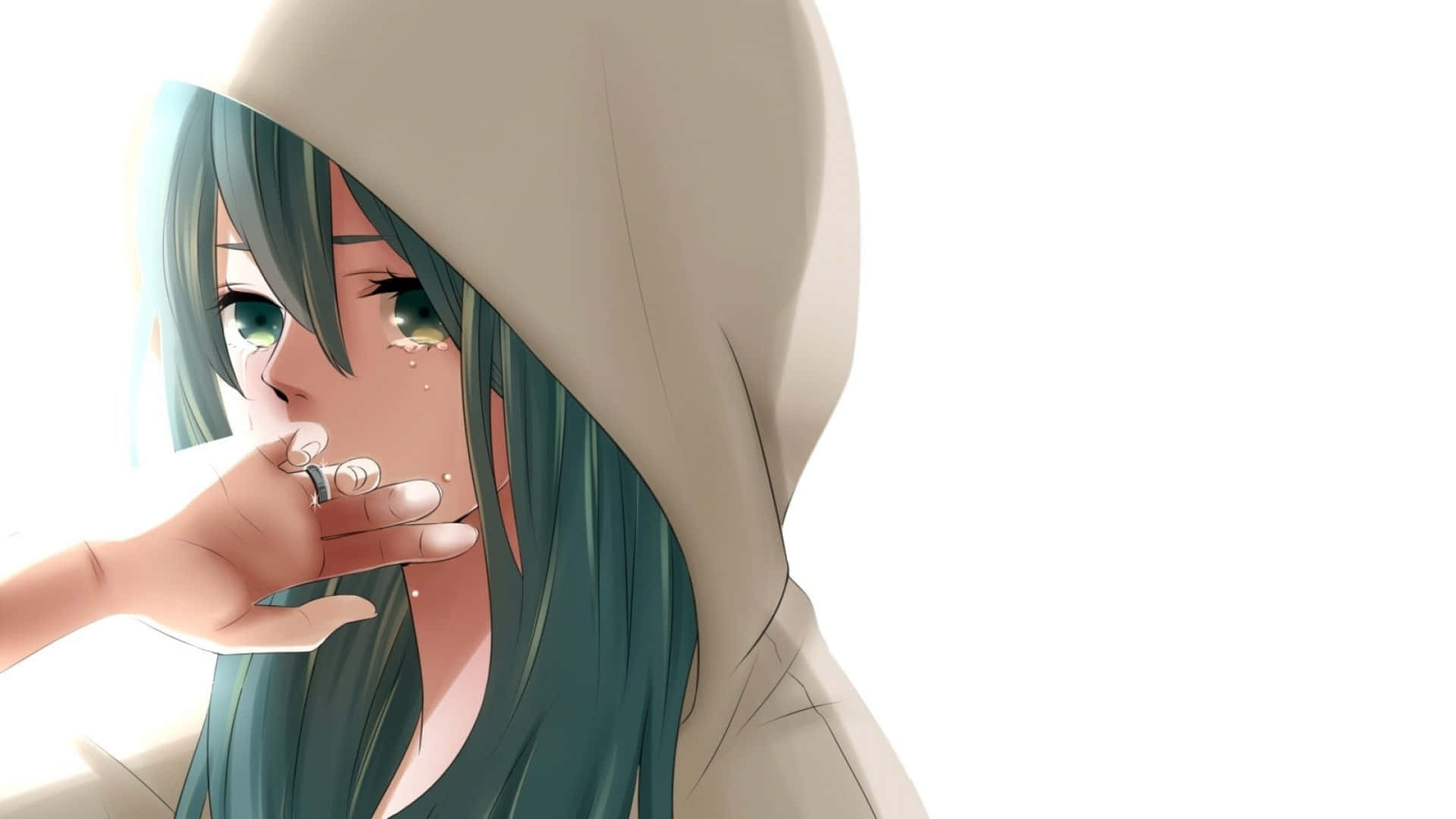 穿連帽衫的傷感動漫少女 壁紙 — 一個憂鬱的動漫女孩，擁有藍綠色頭髮和綠色眼睛，在明亮的白色背景前，輕輕哭泣，同時將一個小物體靠近嘴唇。