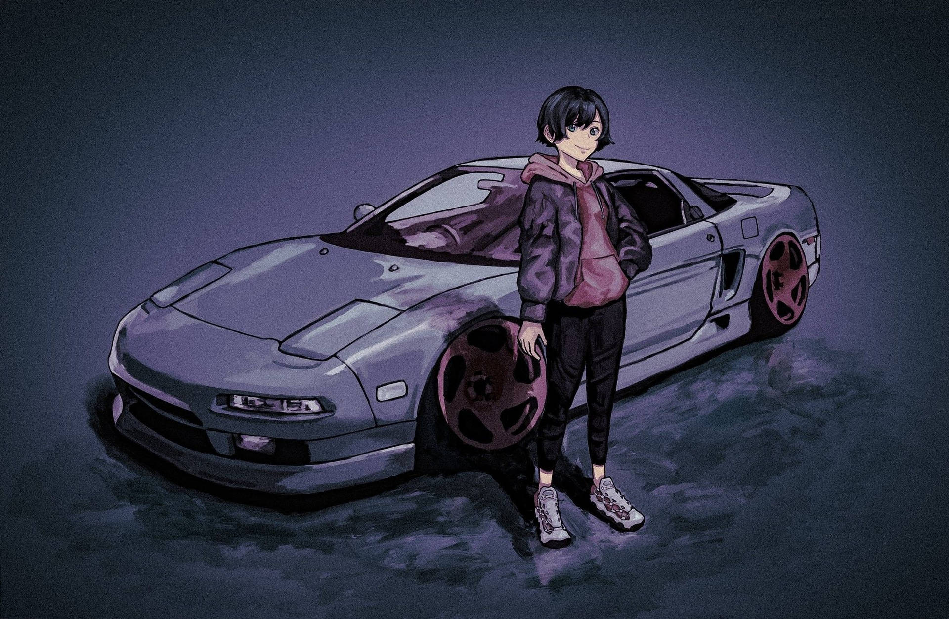 動漫青少年在黑暗的城市環境中站在帶有紅色輪圈的紫色跑車旁邊。