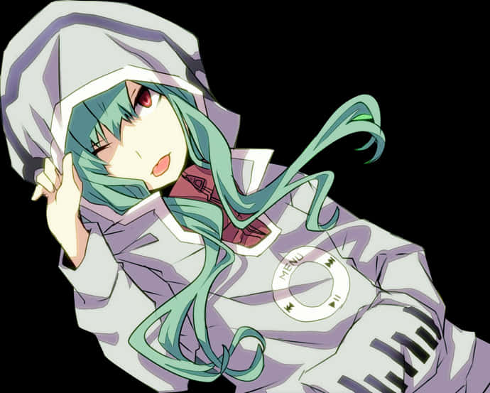 穿連帽衫的放鬆動畫少女 壁紙 — 動漫女孩，擁有青色頭髮和紅色眼睛，穿著連帽衫，胸前有發光的選單按鈕，背景為黑色。