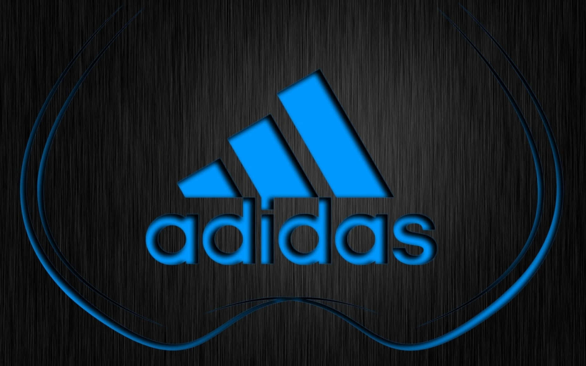 深色拉絲金屬上的藍色Adidas標誌，帶有發光的彎曲霓虹。