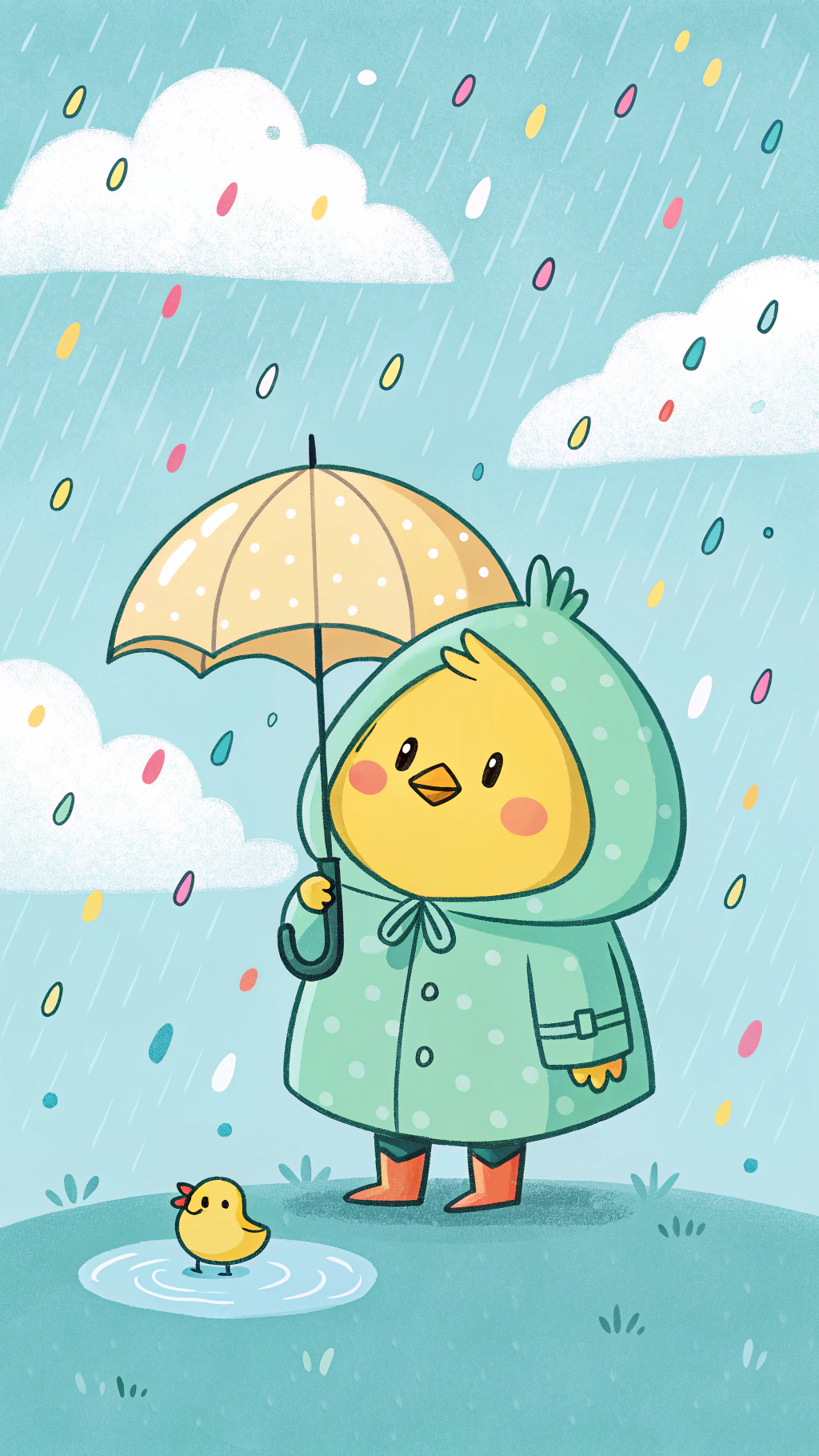 穿雨衣拿雨傘的可愛小雞 壁紙 — 一隻可愛的黃色小雞穿著綠色雨衣，拿著圓點雨傘，站在雨中，旁邊有一隻小雞在水坑裡。