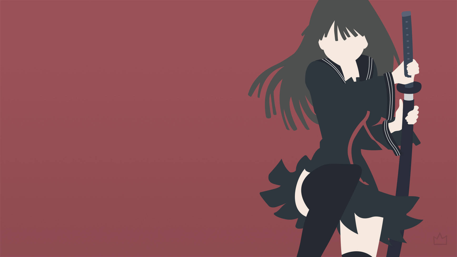 穿黑制服的動漫少女極簡動漫 壁紙 — 一個極簡風格的動漫女孩，身穿深色水手服，手持武士刀，背景為純栗色。