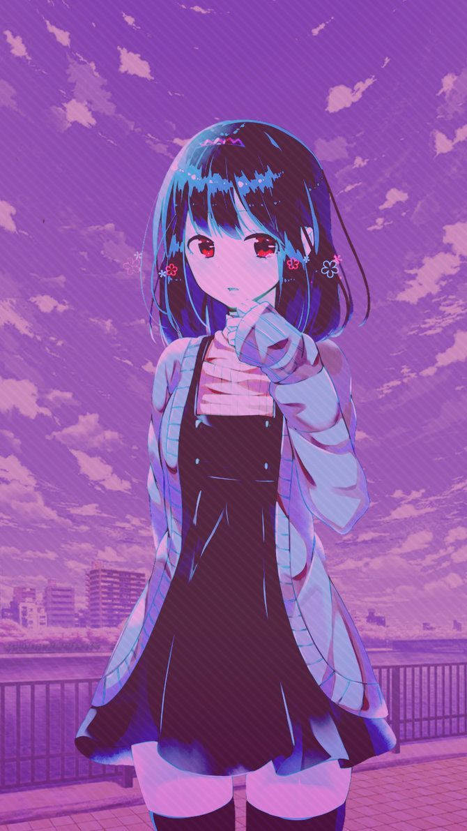 穿黑色洋裝的動漫少女粉紅美學手機壁紙 壁紙 — 一個藍髮紅眼的年輕動漫女孩，在點綴著雲朵的充滿活力的紫色天空下，若有所思地站在欄杆上。